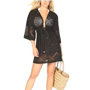 DOTTI Santorini Black Flared Sleeve Tie Front Boho Beach Dress Tunic Swim Cover